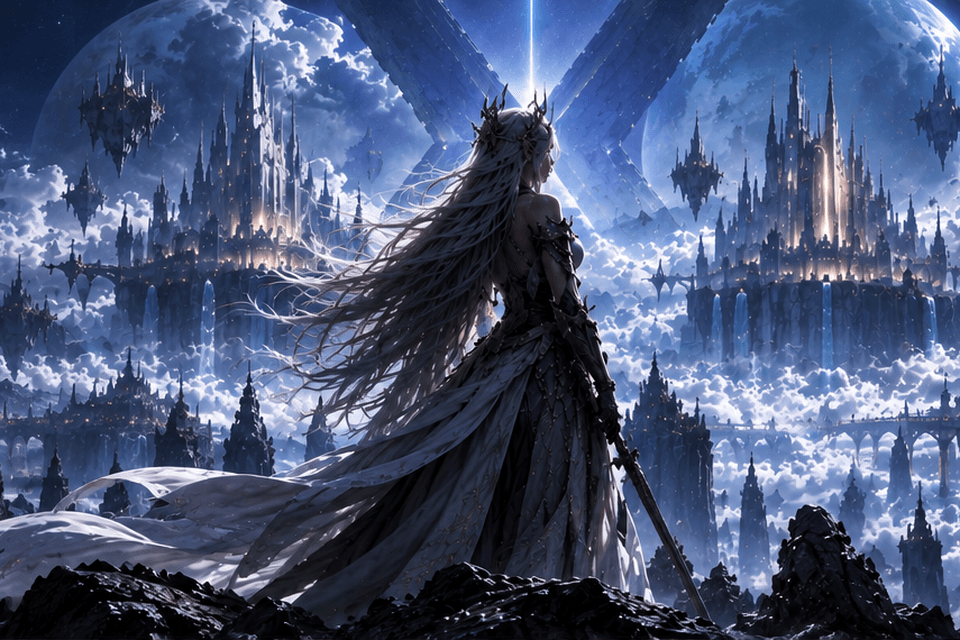 An Elyos daeva overlooking the floating city of Aion 2