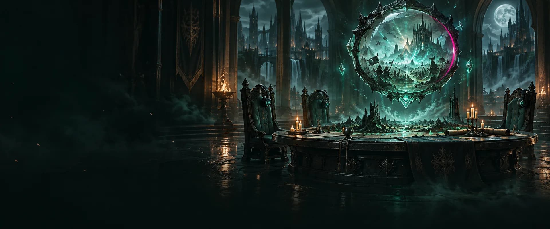 The guild's hall of screens, lit by the fights playing out on them